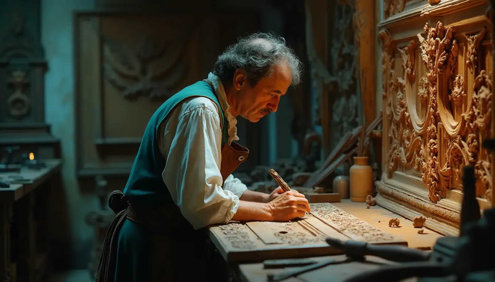 Alt text: A focused man with a beard sits at a workbench, pondering the question, "What wood is the best for carving?" surrounded by woodworking tools, emphasizing the topic of wood carving classes and lessons.
