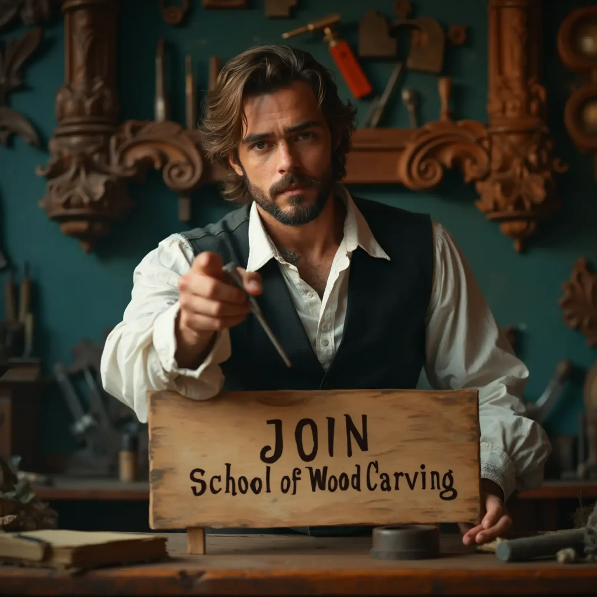 A serious-looking man is pointing at a wooden sign that reads "JOIN School of Wood Carving." He's dressed in a vintage outfit, surrounded by various wood carving tools and intricate woodwork in the background. The scene invites you to join wood carving classes and lessons, promising a chance to learn and create!
