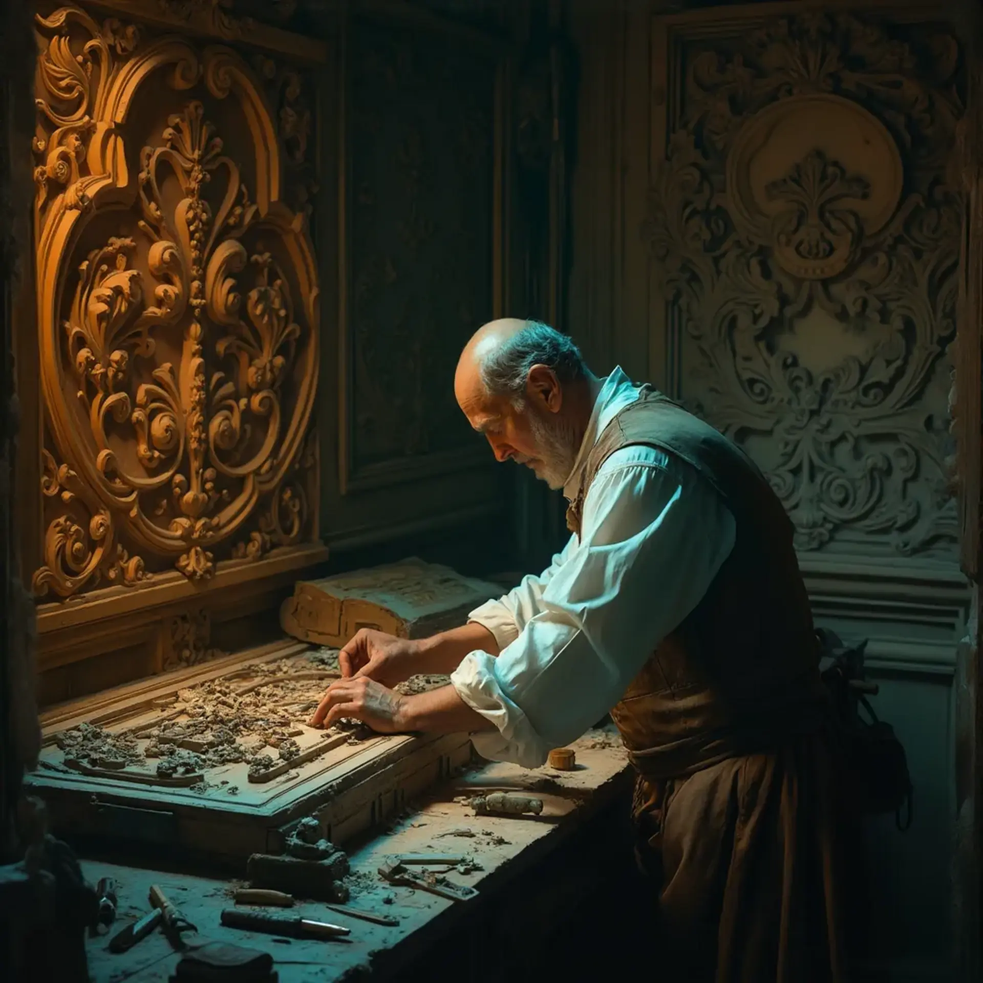 WOODCARVING LESSONS: Woodcarver Grabovetskiy, a man with a beard, holds a sign that says "What wood is the best for carving?" He looks thoughtful. Carving tools are on the table in front of him. - Wood Carving tutorials