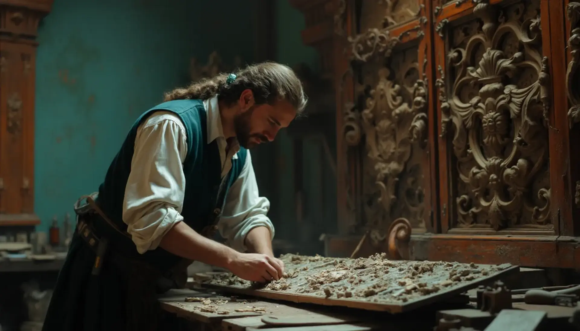 WOODCARVING LESSONS: Woodcarver Grabovetskiy, a man with a beard, holds a sign that says "What wood is the best for carving?" He looks thoughtful. Carving tools are on the table in front of him. - Wood Carving tutorials