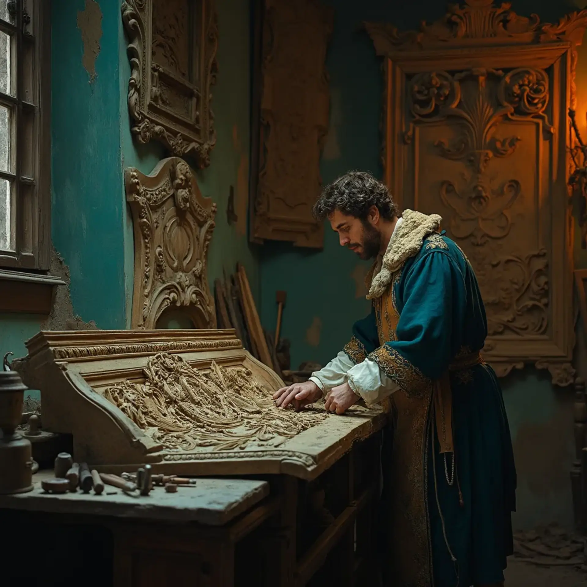 WOODCARVING LESSONS: Woodcarver Grabovetskiy, a man with a beard, holds a sign that says "What wood is the best for carving?" He looks thoughtful. Carving tools are on the table in front of him. - Wood Carving tutorials