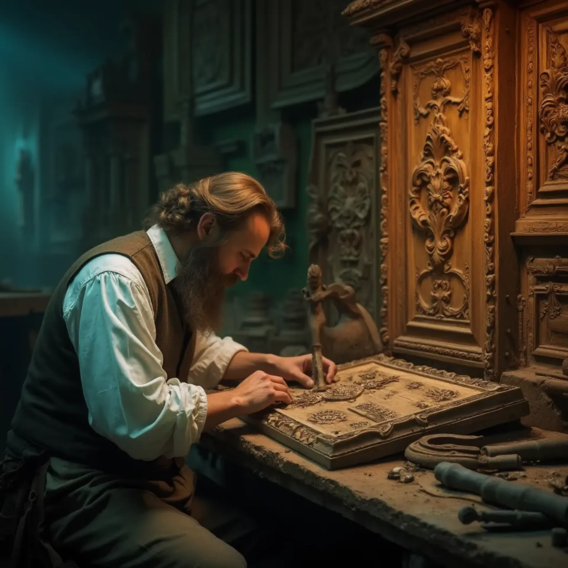A woodworker carefully carves intricate details on a beautifully aged wooden panel at a workbench. Surrounded by tools and ornate wooden pieces, this scene reflects passion and skill in wood carving. It captures the essence of wood carving classes and lessons, showcasing the craftsmanship involved in turning raw wood into stunning art.