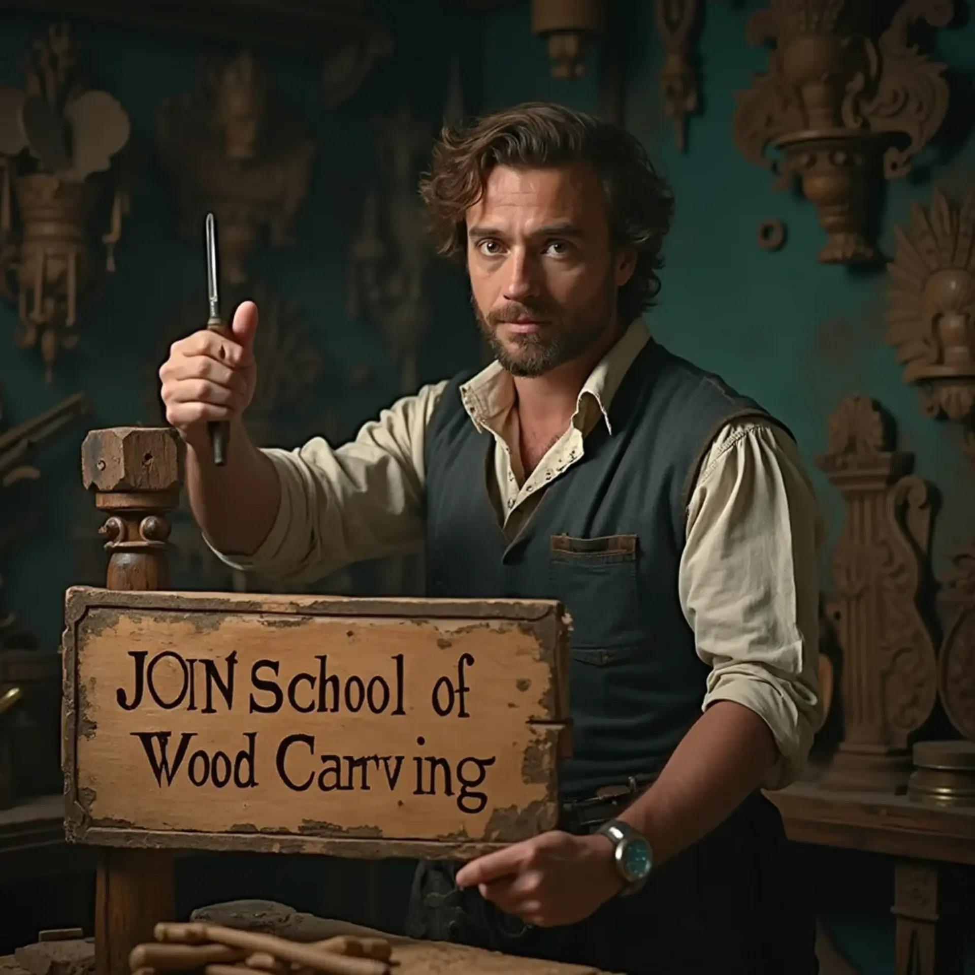WOODCARVING LESSONS: Woodcarver Grabovetskiy, an elderly man with a gray beard, holds a carving tool and a sign that asks, "What is the best wood for carving? - Wood Carving tutorials
