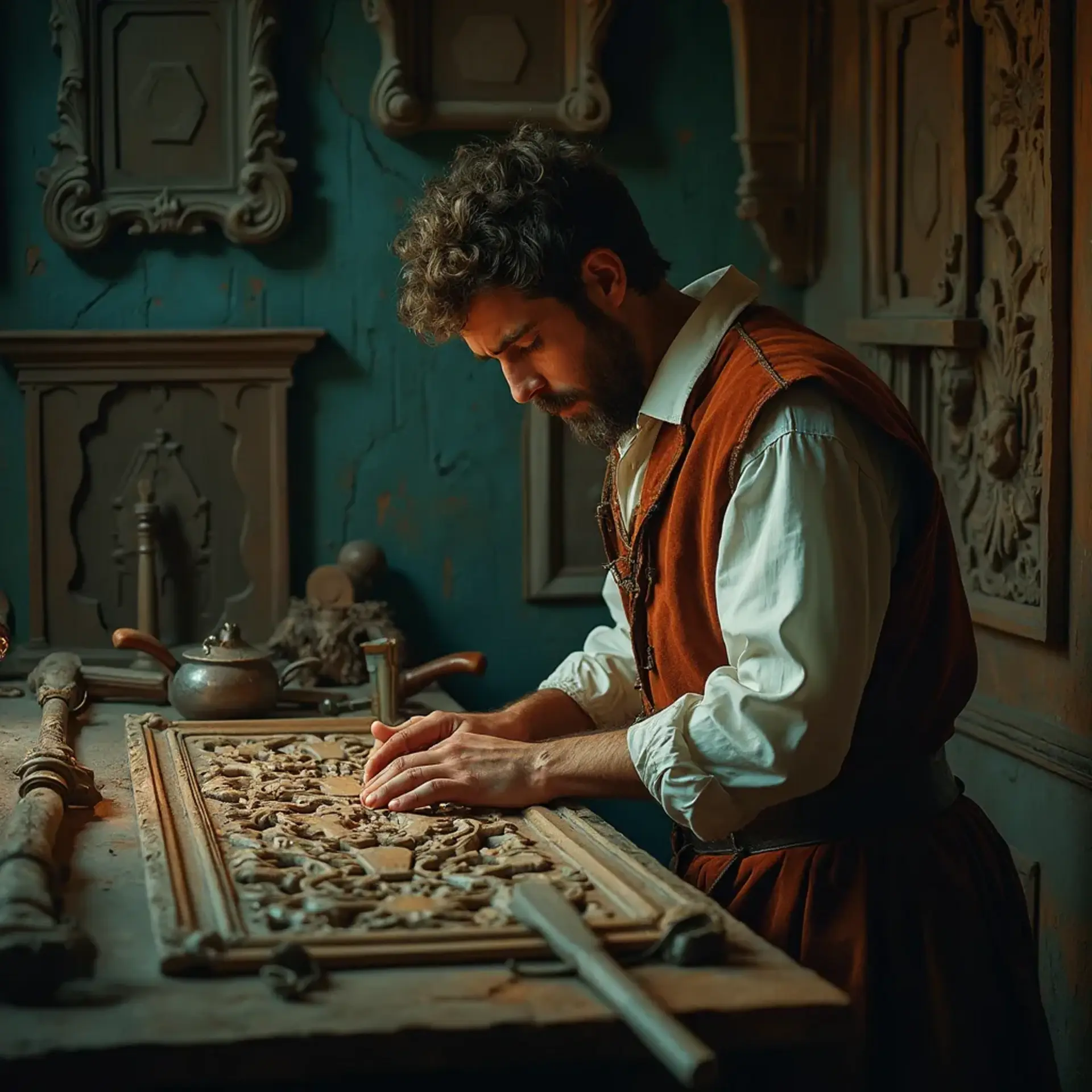 WOODCARVING LESSONS: Woodcarver Grabovetskiy, a man with a beard, holds a sign that says "What wood is the best for carving?" He looks thoughtful. Carving tools are on the table in front of him. - Wood Carving tutorials