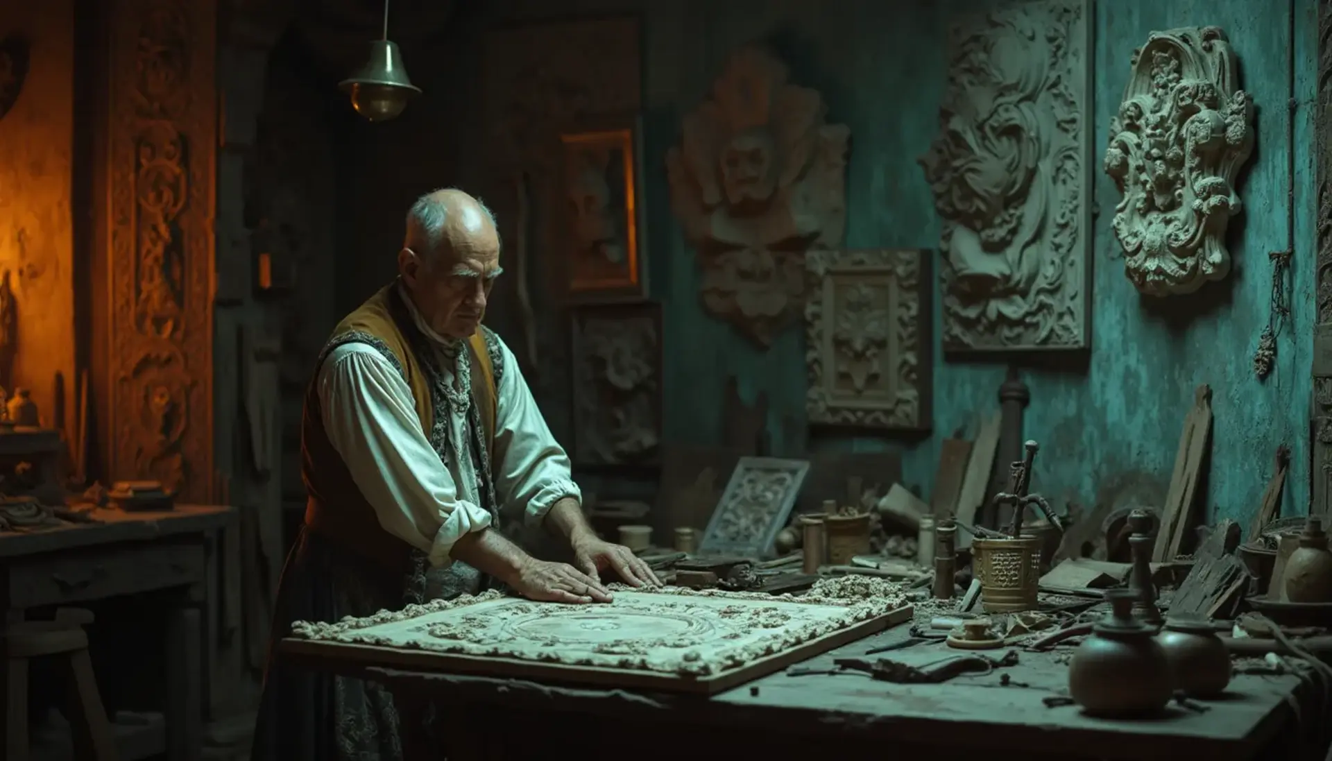 An older woodworker carefully examines a detailed carving on a workbench surrounded by various wood carving tools. The room has a warm glow from a lamp, highlighting textured walls adorned with intricate wood designs. It shows the dedication and skill involved in wood carving. Perfect for anyone interested in wood carving classes or lessons!