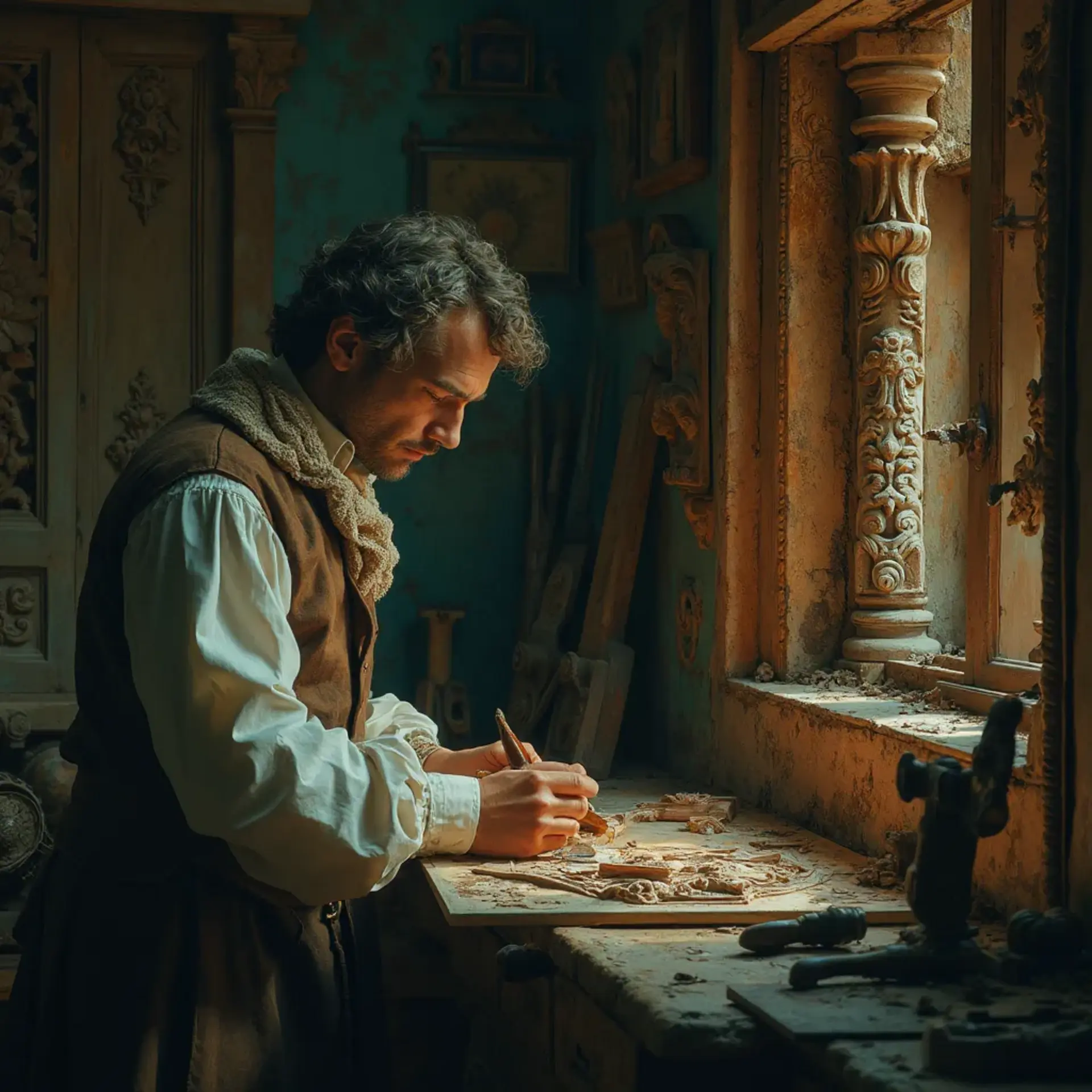A dedicated artisan engages in detailed wood carving at a cluttered workbench, surrounded by tools and finished pieces. Natural light streams in through a window, highlighting the intricate designs. Ideal for anyone interested in wood carving classes and lessons.