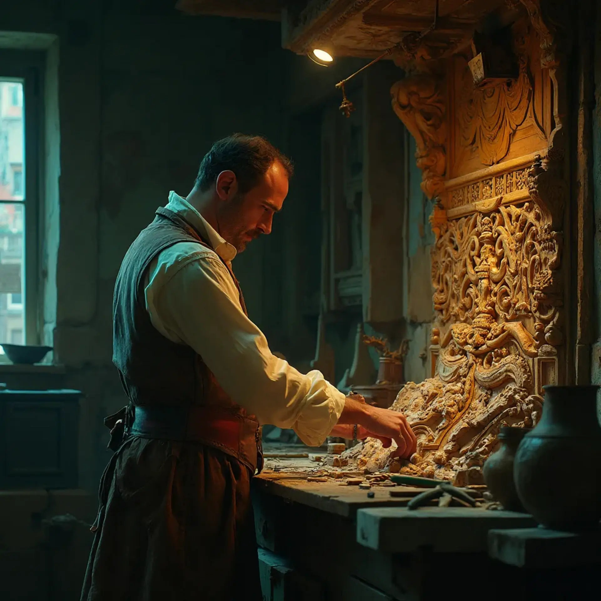 WOODCARVING LESSONS: Woodcarver Grabovetskiy, a man with a beard