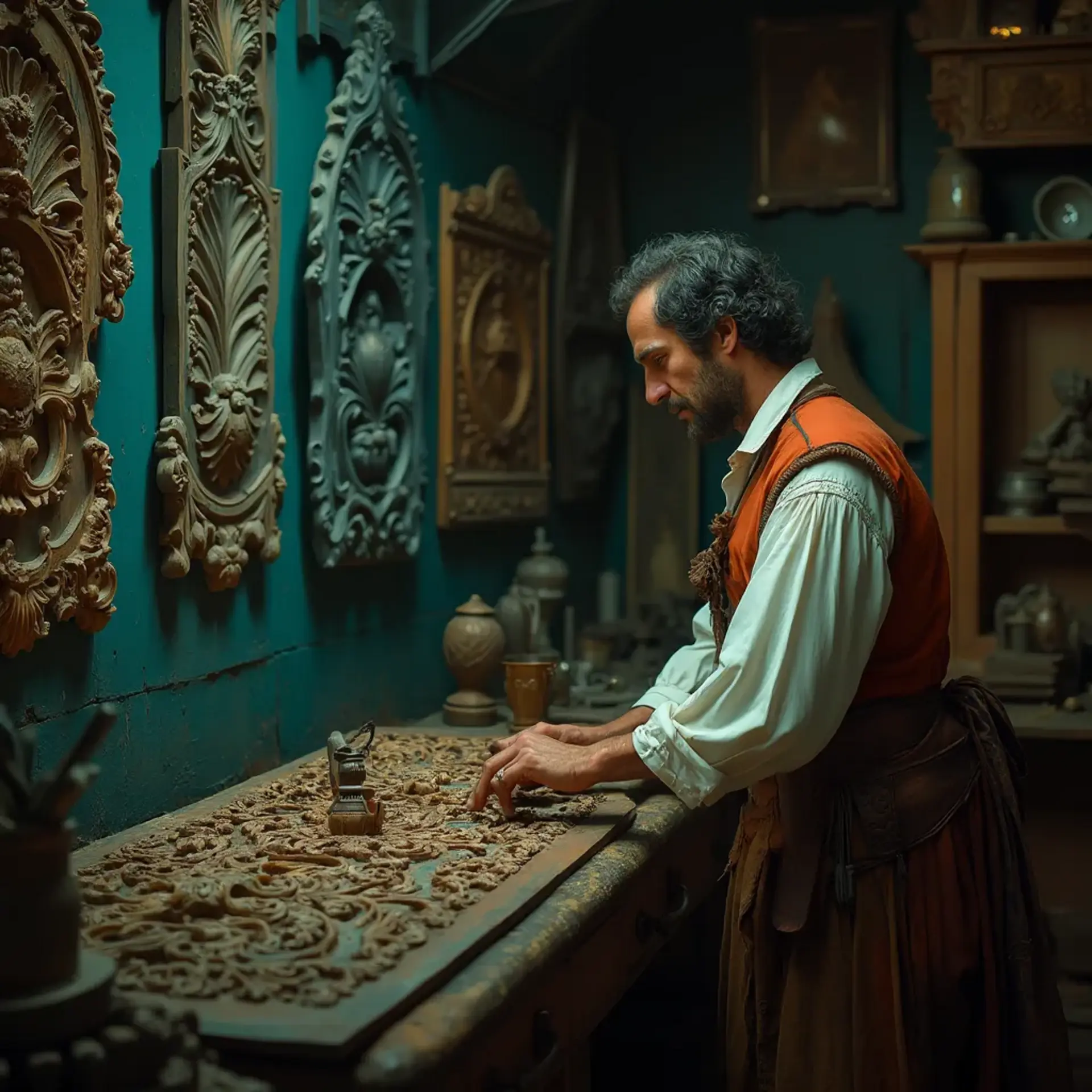 A thoughtful woodworker sitting at a workbench, pondering the best type of wood for carving. He holds a carving tool in one hand, with a sign in front of him that reads, "What wood is the best for carving?" This scene hints at the importance of choosing the right materials in wood carving classes and lessons.