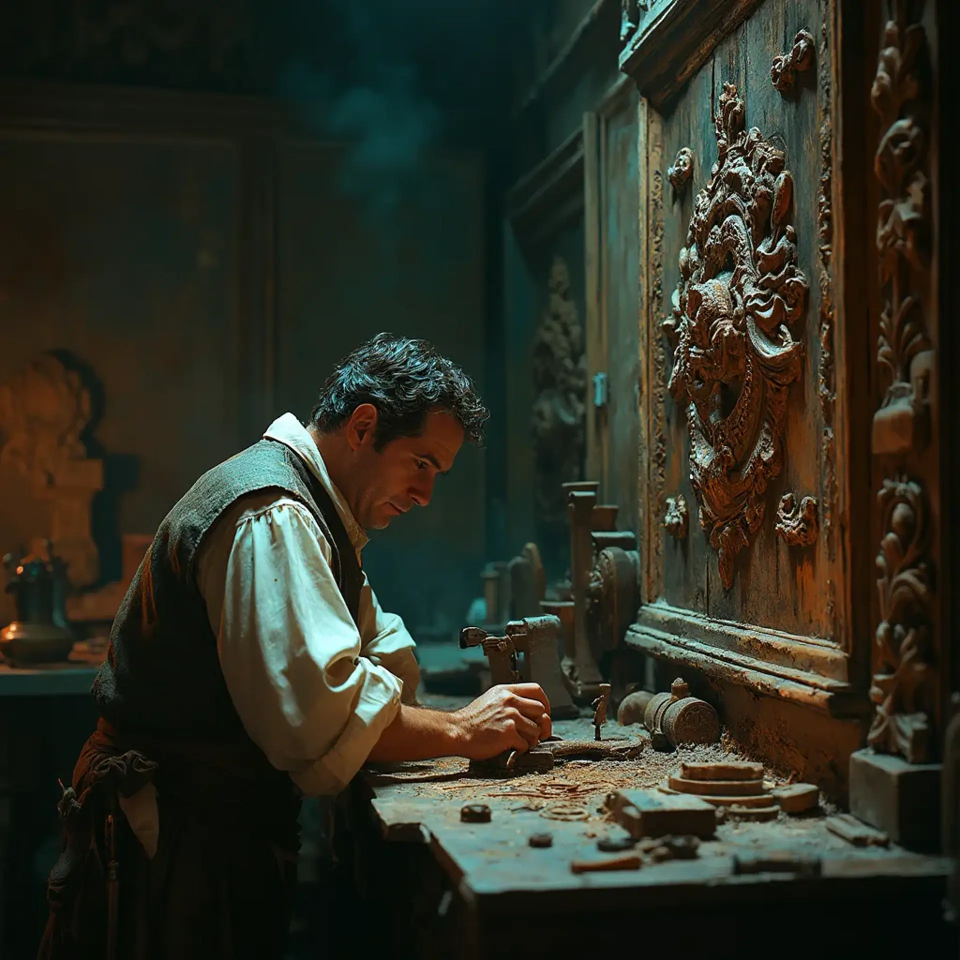 WOODCARVING LESSONS: Woodcarver Grabovetskiy, a man with a beard, holds a sign that says "What wood is the best for carving?" He looks thoughtful. Carving tools are on the table in front of him. - Wood Carving tutorials