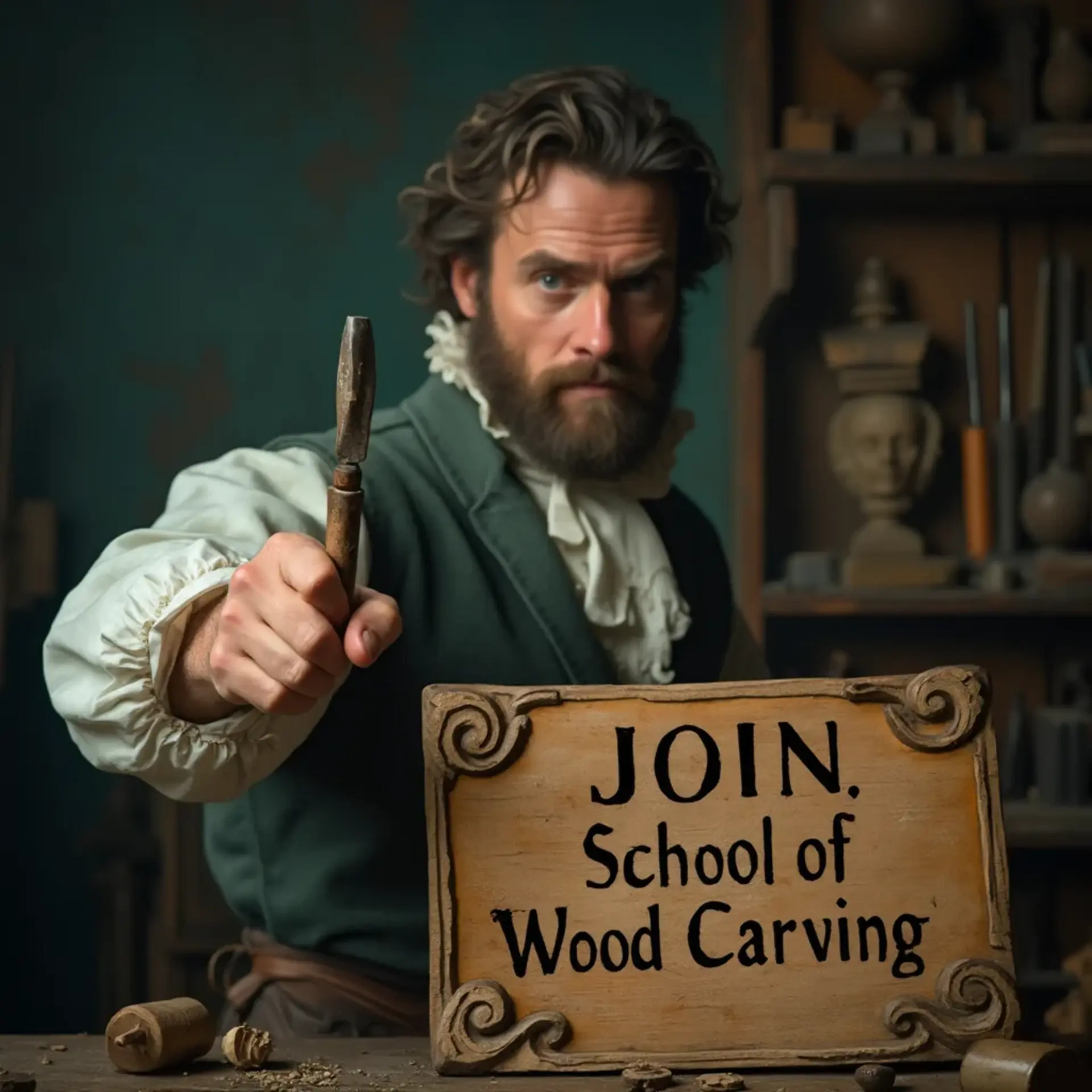 WOODCARVING LESSONS: Woodcarver Grabovetskiy, an elderly man with a gray beard, holds a carving tool and a sign that asks, "What is the best wood for carving? - Wood Carving tutorials