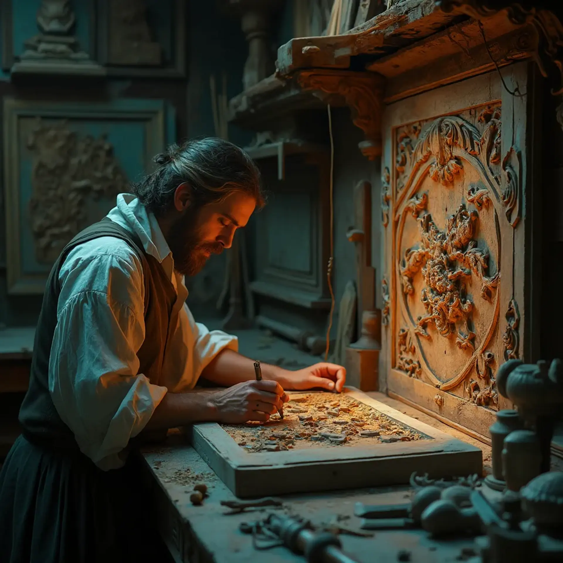 A thoughtful person gazing thoughtfully while touching a beautifully carved wooden column. The intricate carvings depict scenes of historical significance, showcasing the skills involved in wood carving. This image highlights the artistry found in wood carving classes and lessons.