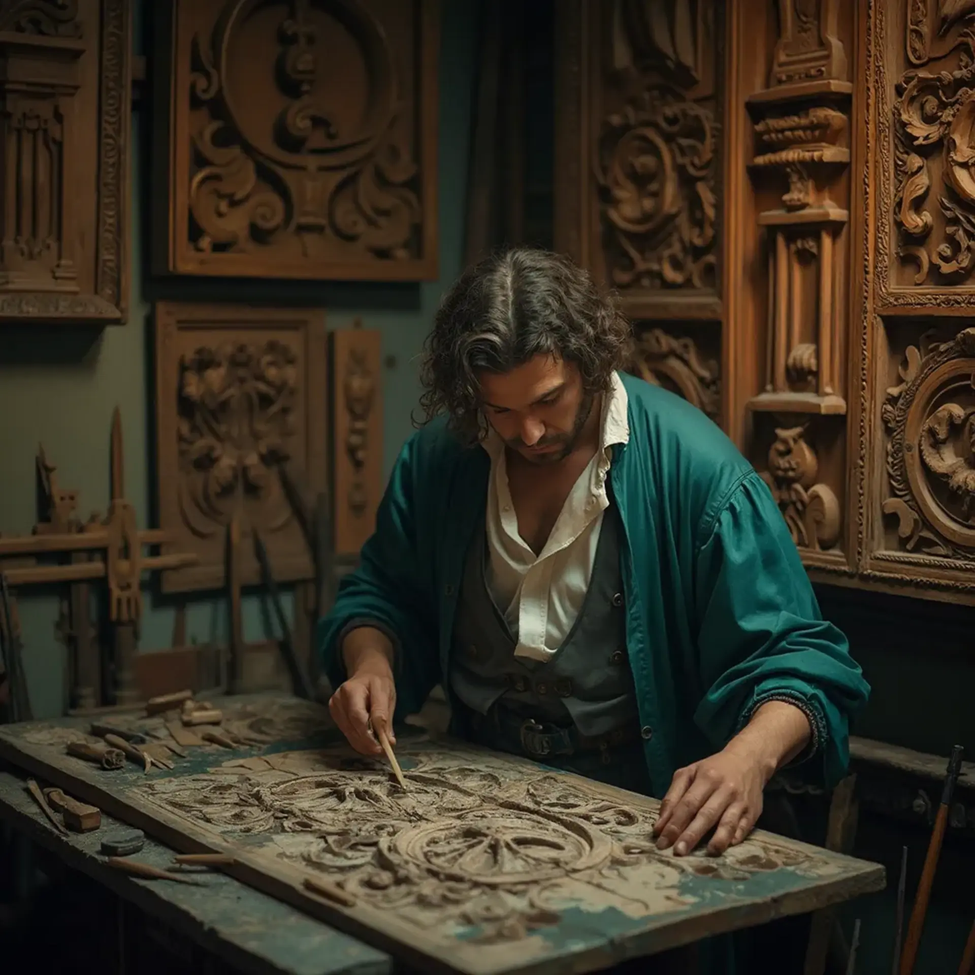 WOODCARVING LESSONS: Woodcarver Grabovetskiy, a man with a beard, holds a sign that says "What wood is the best for carving?" He looks thoughtful. Carving tools are on the table in front of him. - Wood Carving tutorials