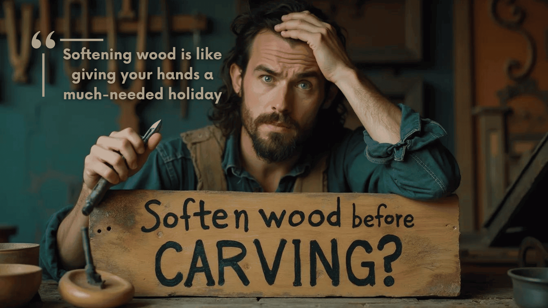 WOODCARVING LESSONS: A person sits at a workbench, looking thoughtful and holding a carving tool. The sign reads, "Soften wood before CARVING?" The text on the left states, "Softening wood is like giving your hands a rest."
Only Woodcarver Grabovetskiy appears in the pictures. - Wood Carving tutorials