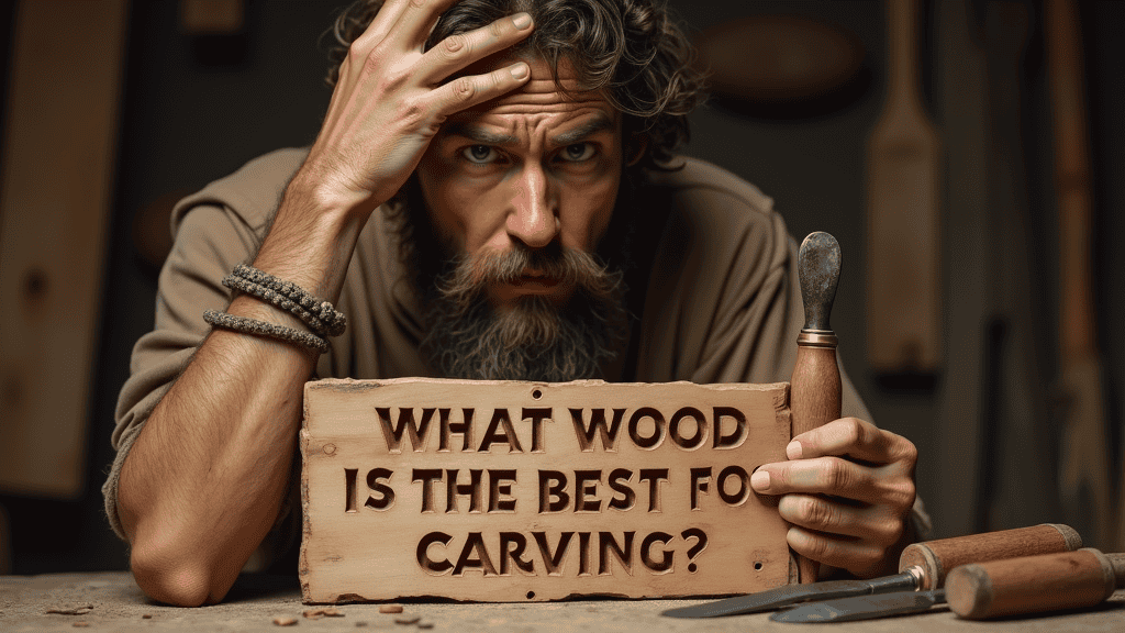 WOODCARVING LESSONS: Woodcarver Grabovetskiy, a man with a beard, holds a sign that says "What wood is the best for carving?" He looks thoughtful. Carving tools are on the table in front of him. - Wood Carving tutorials