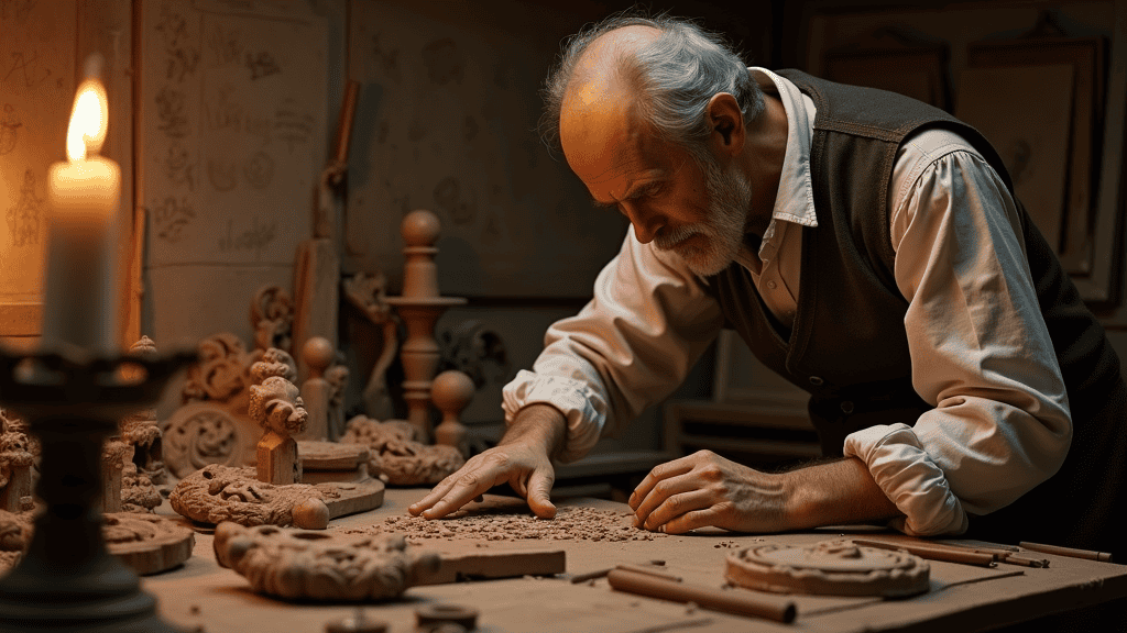 WOODCARVING LESSONS: In a dim workshop full of tools and carvings, an old man named Woodcarver Grabovetskiy carefully cuts into a piece of wood. - Wood Carving tutorials