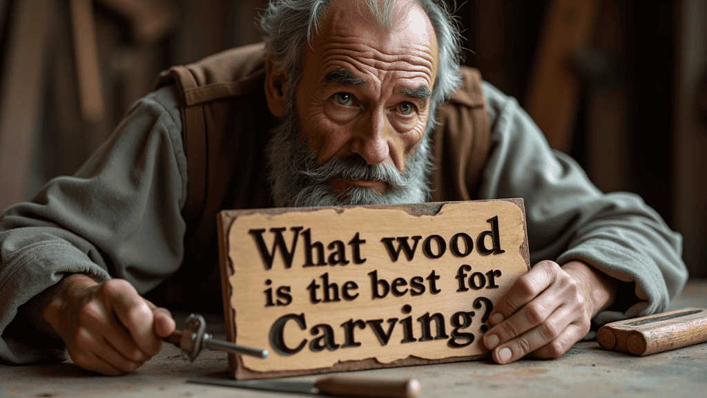 WOODCARVING LESSONS: An older man with a beard holds a wooden sign that asks, "What wood is the best for carving?" He points to it with a chisel. This is Woodcarver Grabovetskiy. - Wood Carving tutorials