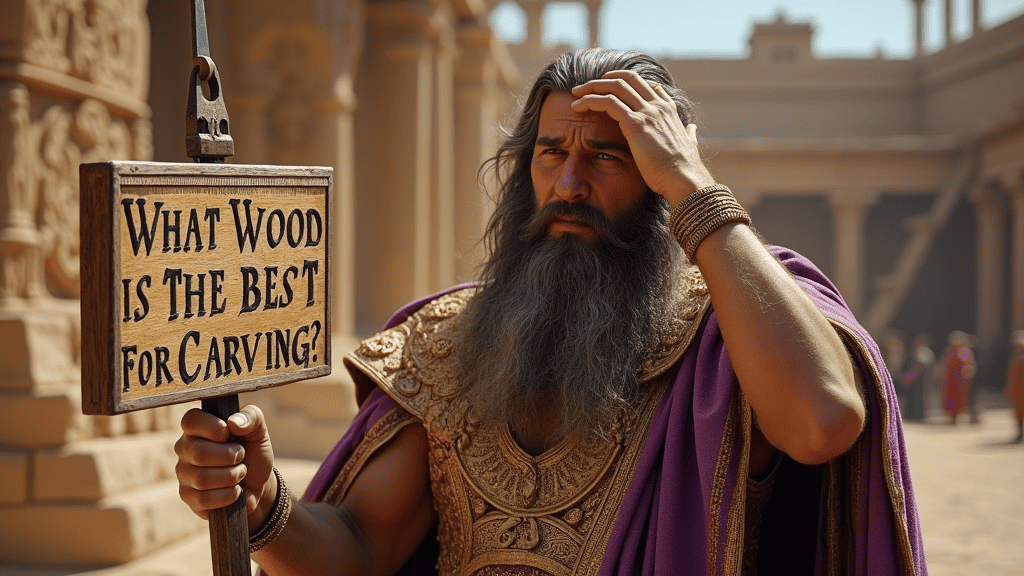 WOODCARVING LESSONS: A man in old-fashioned clothes stands in a historical place. He holds a wooden sign that says, "What wood is best for carving?" The only person in the pictures is Woodcarver Grabovetskiy. - Wood Carving tutorials