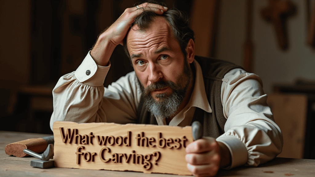 A thoughtful person is sitting at a cluttered workbench, scratching their head as they ponder over a wooden sign that reads, "What wood is the best for carving?" Tools like chisels and mallets are scattered around, hinting at a creative process. This scene speaks to anyone interested in wood carving classes or lessons, showcasing the question many beginners have about choosing the right material to work with. It's relatable and quite engaging!!!