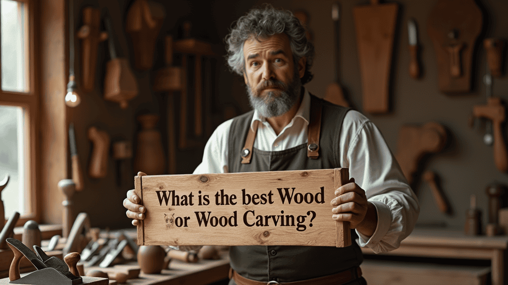 WOODCARVING LESSONS: A bearded man in a woodworking workshop holds a wooden sign that says, "What is the best wood for wood carving?" This is Woodcarver Grabovetskiy. - Wood Carving tutorials