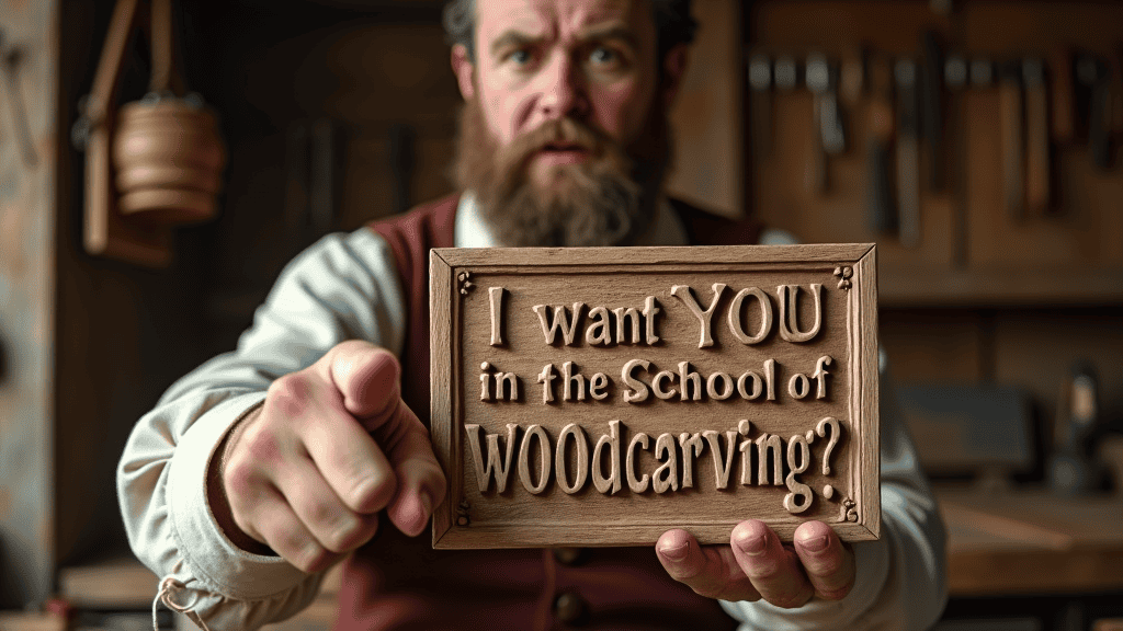 WOODCARVING LESSONS: Woodcarver Grabovetskiy in a workshop holds a wooden sign saying, "Join the School of WOODcarving?" and points forward. - Wood Carving tutorials