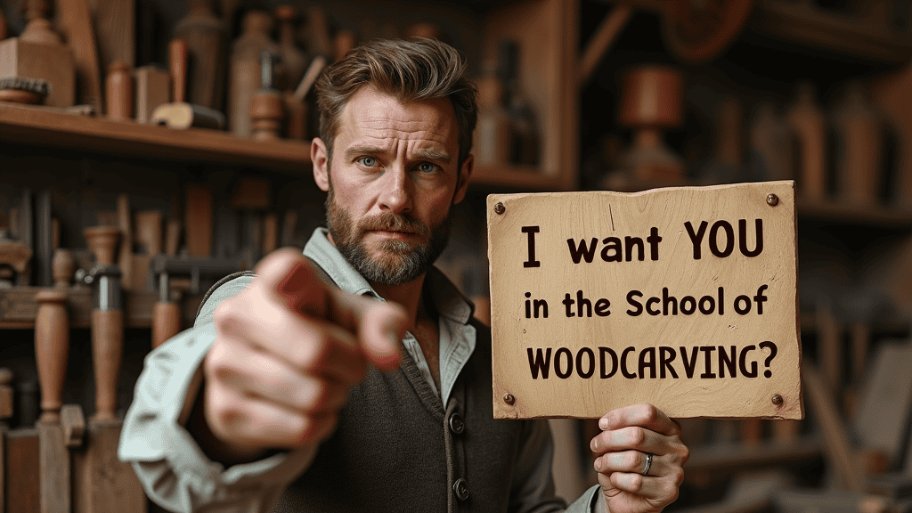 WOODCARVING LESSONS: A bearded man holds a sign saying, "Join the School of WOODCARVING!" He points at the camera and is surrounded by woodworking tools. This is Woodcarver Grabovetskiy. - Wood Carving tutorials