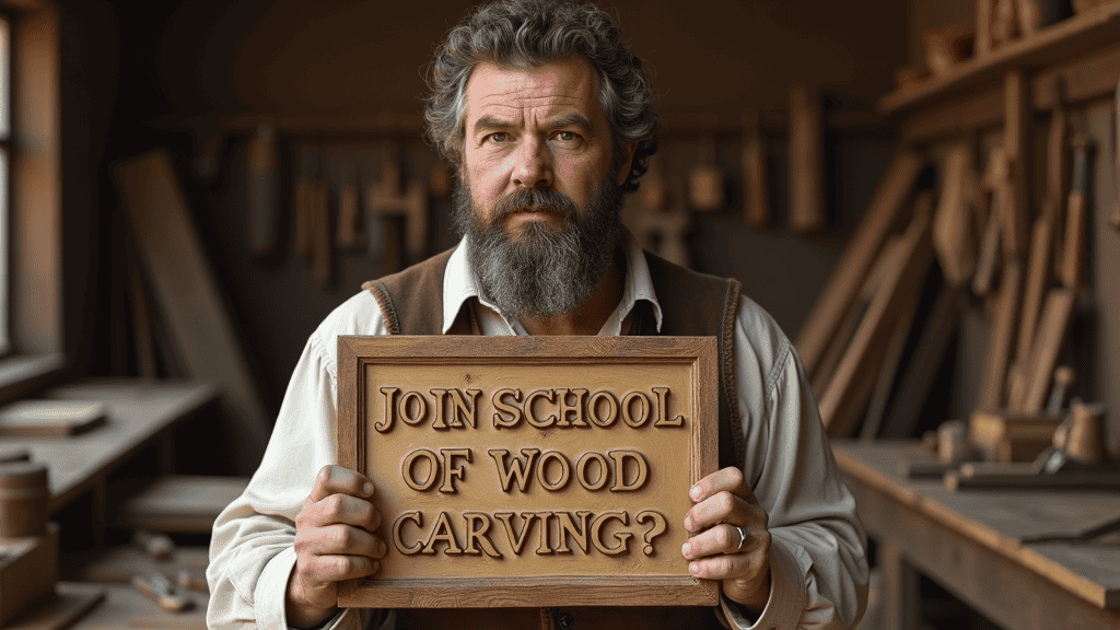 WOODCARVING LESSONS: A bearded man, Woodcarver Grabovetskiy, stands in a workshop. He holds a wooden sign that says, "Join School of Wood Carving?" You can see many woodworking tools behind him. - Wood Carving tutorials
