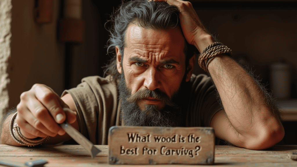 WOODCARVING LESSONS: A man, Woodcarver Grabovetskiy, with a beard and hair pulled back, sits at a woodworking table. He holds a carving tool. A sign in front of him asks, "What wood is best for carving?". - Wood Carving tutorials