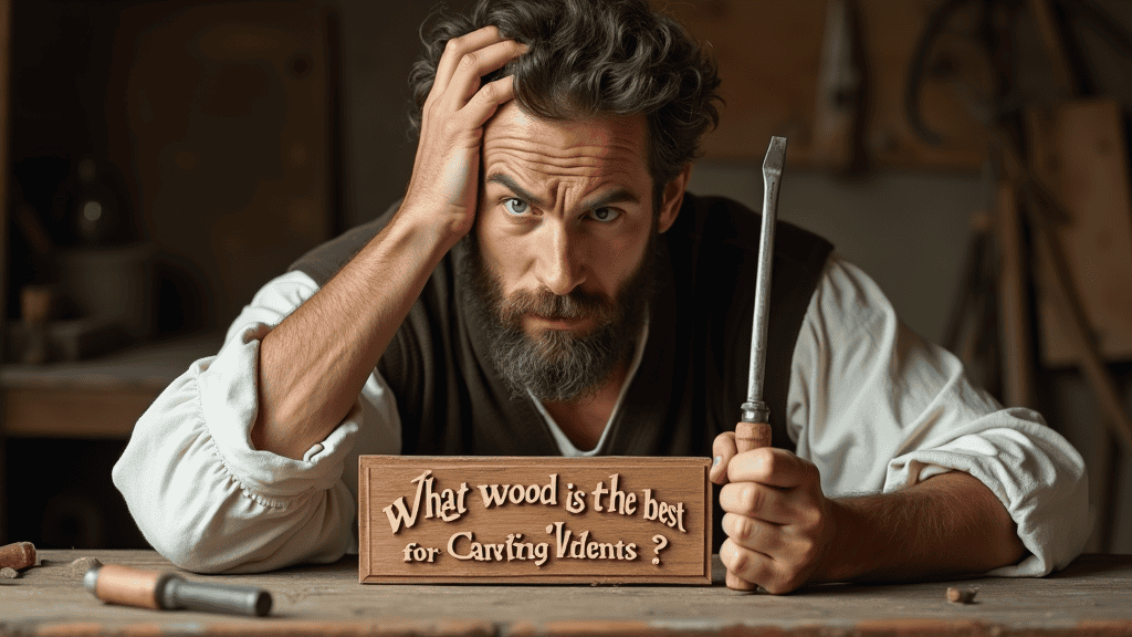 WOODCARVING LESSONS: A bearded man with messy hair holds a chisel and rests his head on his hand, sitting at a workbench. A wooden sign next to him asks, "What wood is best for carving violins?" The only person pictured is Woodcarver Grabovetskiy. - Wood Carving tutorials