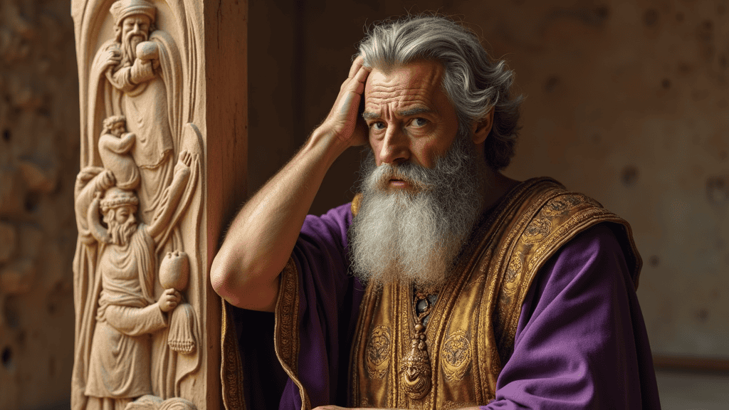 WOODCARVING LESSONS: Woodcarver Grabovetskiy, an older man with a long white beard, is dressed in detailed historical clothing. He stands next to a beautifully carved wooden column showing human figures. He touches his head with a concerned look. - Wood Carving tutorials