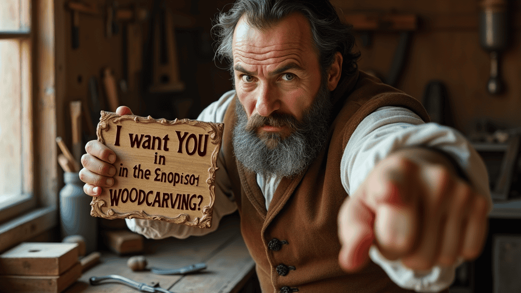 WOODCARVING LESSONS: A bearded man in old-style clothes holds a wooden sign that says, "I want YOU in the Snooison WOODCARVING." He points forward inside a workshop filled with tools and wood items. This is Woodcarver Grabovetskiy. - Wood Carving tutorials