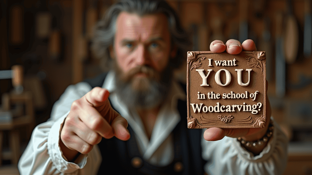 WOODCARVING LESSONS: A bearded man in traditional clothes holds a carved wood sign that says, "Join the School of Woodcarving!" He points at the camera. - Wood Carving tutorials