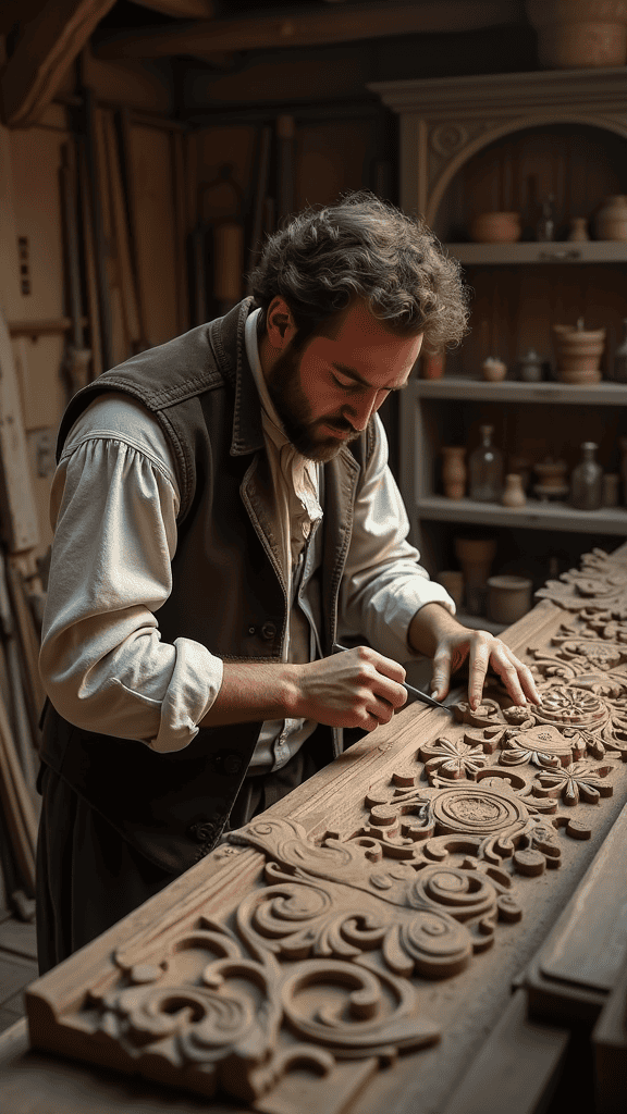 WOODCARVING LESSONS: Woodcarver Grabovetskiy carefully carves detailed designs into a wooden panel in his workshop. Around him are many woodworking tools and wooden items on shelves. - Wood Carving tutorials