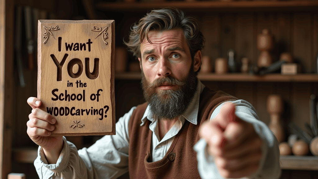 WOODCARVING LESSONS: A bearded man in a workshop holds a wooden sign. The sign says "I want YOU in the School of Woodcarving." He points at the camera. This man is Woodcarver Grabovetskiy. - Wood Carving tutorials