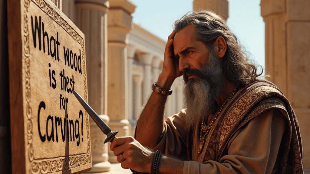 WOODCARVING LESSONS: A long-haired, bearded man named Woodcarver Grabovetskiy looks at a sign saying "What wood is this for carving?" He holds a carving tool and looks confused. He is standing outside near some columns. - Wood Carving tutorials