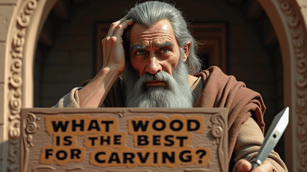 WOODCARVING LESSONS: Woodcarver Grabovetskiy, an elderly man with a gray beard, holds a carving tool and a sign that asks, "What is the best wood for carving? - Wood Carving tutorials