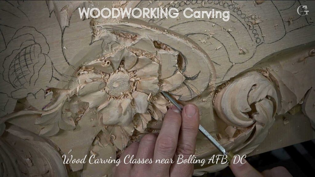 WOODCARVING LESSONS: Close-up photo showing hands carving a floral design in wood using different tools. Text says "WOODWORKING Carving" and "Wood Carving Classes near Bolling AFB, DC - Learn from Woodcarver Grabovetskiy. - Wood Carving tutorials