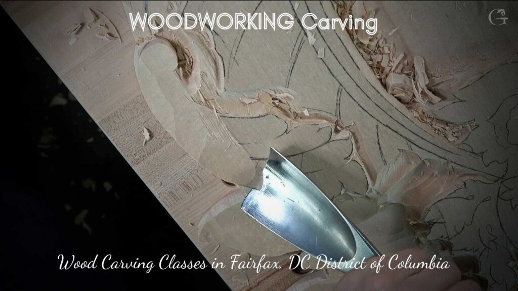 WOODCARVING LESSONS: A person using a chisel to carve detailed wood designs. Text on the image says: "WOODWORKING Carving" and "Wood Carving Classes in Fairfax, DC District of Columbia." Woodcarver Grabovetskiy is the only person in the pictures. - Wood Carving tutorials