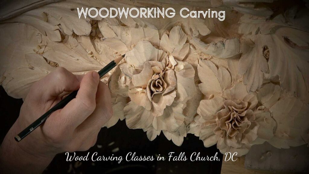 WOODCARVING LESSONS: A hand carves detailed flowers into wood. The text says "WOODWORKING Carving" and "Wood Carving Classes in Falls Church, DC." Woodcarver Grabovetskiy is the only person in the pictures. - Wood Carving tutorials