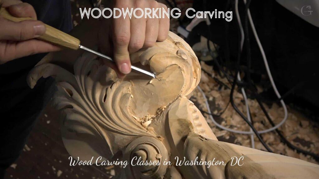 WOODCARVING LESSONS: Close-up of hands carving fine details into a wood sculpture. Text on image: "WOODWORKING Carving" and "Wood Carving Classes in Washington DC." Featuring master carver Woodcarver Grabovetskiy. - Wood Carving tutorials