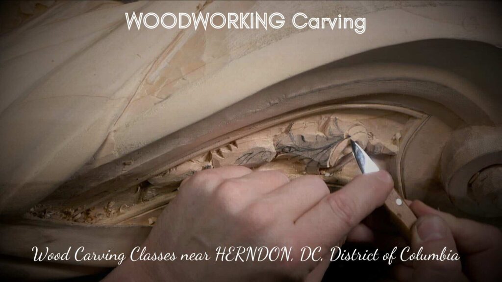 WOODCARVING LESSONS: Close-up of hands using a small chisel on wood. Text reads: "Woodworking Carving. Wood Carving Classes near Herndon, DC, Washington D.C." The classes are taught by Woodcarver Grabovetskiy. - Wood Carving tutorials