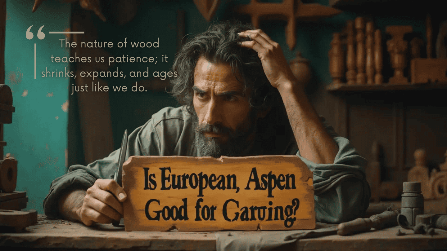 WOODCARVING LESSONS: In a workshop, Woodcarver Grabovetskiy holds a wooden sign that says, "Is European Aspen Good for Carving?" A quote about wood’s nature and patience is shown in the background. - Wood Carving tutorials