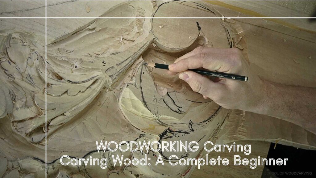 WOODCARVING LESSONS: Woodcarver Grabovetskiy carves details into wood. Text overlay reads: "WOODWORKING Carving. Beginner Woodcarving: Complete Guide. SCHOOL OF WOODCARVING. Tips for Beginners in Wood Carving Techniques. - Wood Carving tutorials
