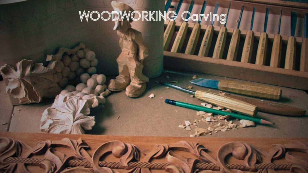 WOODCARVING LESSONS: A workbench with many woodworking tools, carvings of a person, leaves, grapes, and a fancy wooden piece. Text says "WOODWORKING Carving". Only Woodcarver Grabovetskiy appears in the pictures. - Wood Carving tutorials