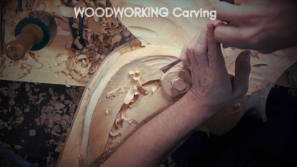 WOODCARVING LESSONS: Hands carving detailed wood design with chisel at workbench. Wood shavings around. Text above: "Woodworking Carving: Beginner Tips from Woodcarver Grabovetskiy. - Wood Carving tutorials