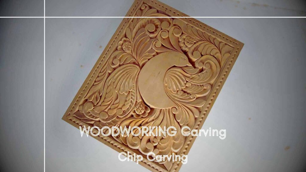 WOODCARVING LESSONS: A wooden plaque shows detailed chip carving. In the center, there's a bird, and around it are fancy flower designs. The text says: "WOODWORKING Carving, Chip Carving: Art of WOOD CARVING and beginner tips for woodworking carving techniques." All images feature Woodcarver Grabovetskiy. - Wood Carving tutorials