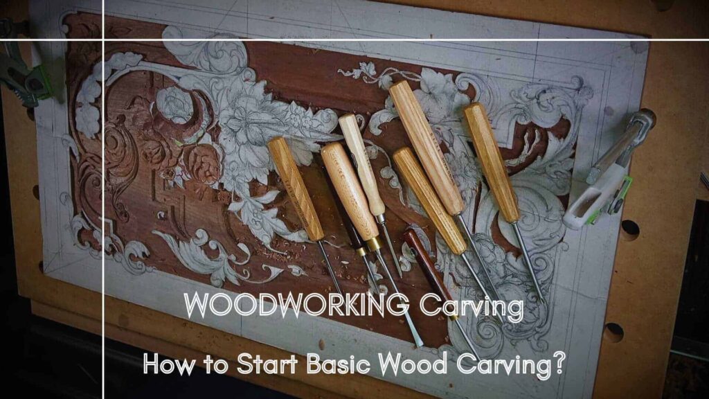 WOODCARVING LESSONS: Wood carving tools on a wooden panel with simple patterns. Text says, "Beginner Wood Carving: How to Start Simple Wood Carving?" Only person featured is "Woodcarver Grabovetskiy". - Wood Carving tutorials
