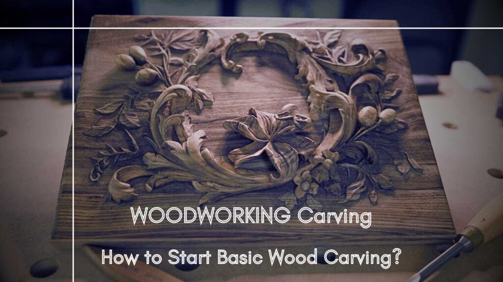 WOODCARVING LESSONS: A close-up of a wooden carving showing flowers and leaves. The text says "WOODWORKING Carving: Beginner Tips for Woodworking Carving Techniques" at the bottom. All pictures feature Woodcarver Grabovetskiy teaching woodcarving lessons. - Wood Carving tutorials