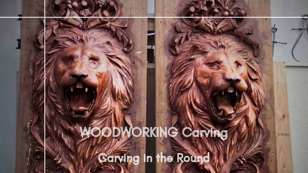 WOODCARVING LESSONS: Two detailed wood carvings of roaring lion heads shown together. The text "WOODWORKING Carving in the Round" is at the bottom. Ideal for beginners who want to learn woodworking carving basics and how to pick the right wood. Only Woodcarver Grabovetskiy appears in the pictures. - Wood Carving tutorials