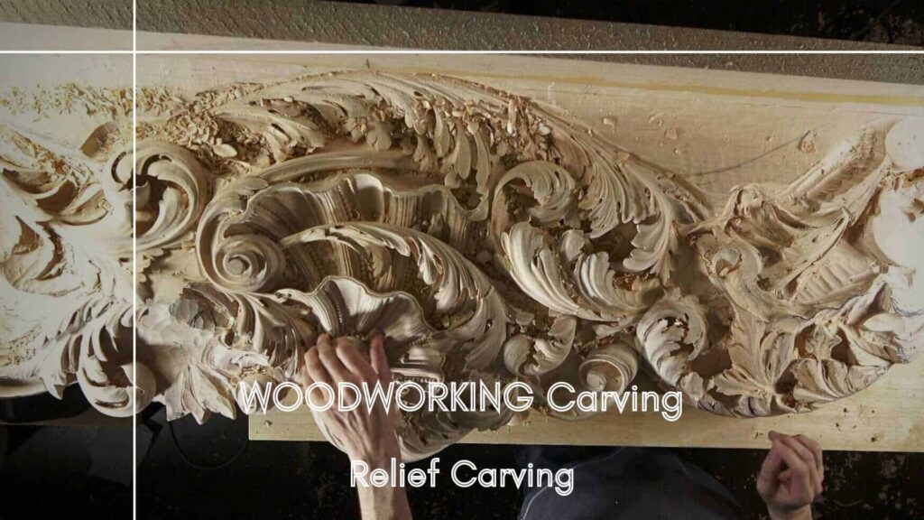 WOODCARVING LESSONS: A skilled woodcarver, Grabovetskiy, carefully carves detailed designs into a big wooden panel. This makes a beautiful relief carving. The text "WOODWORKING Carving" and "Relief Carving" appear on the image, showing beginners how to start with wood carving and learn useful techniques. - Wood Carving tutorials