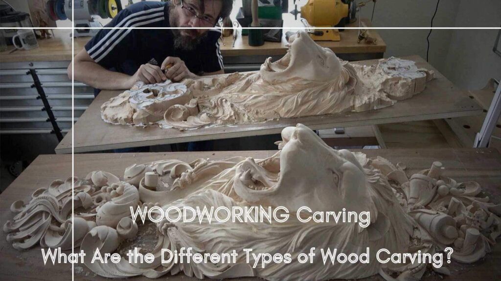 WOODCARVING LESSONS: A man carefully carves wood in a workshop. Various detailed wooden pieces are on a table. Text reads, "WOOD CARVING - Types of Wood Carving Explained. Learn the Art of WOOD CARVING." The only person in the pictures is "Woodcarver Grabovetskiy. - Wood Carving tutorials